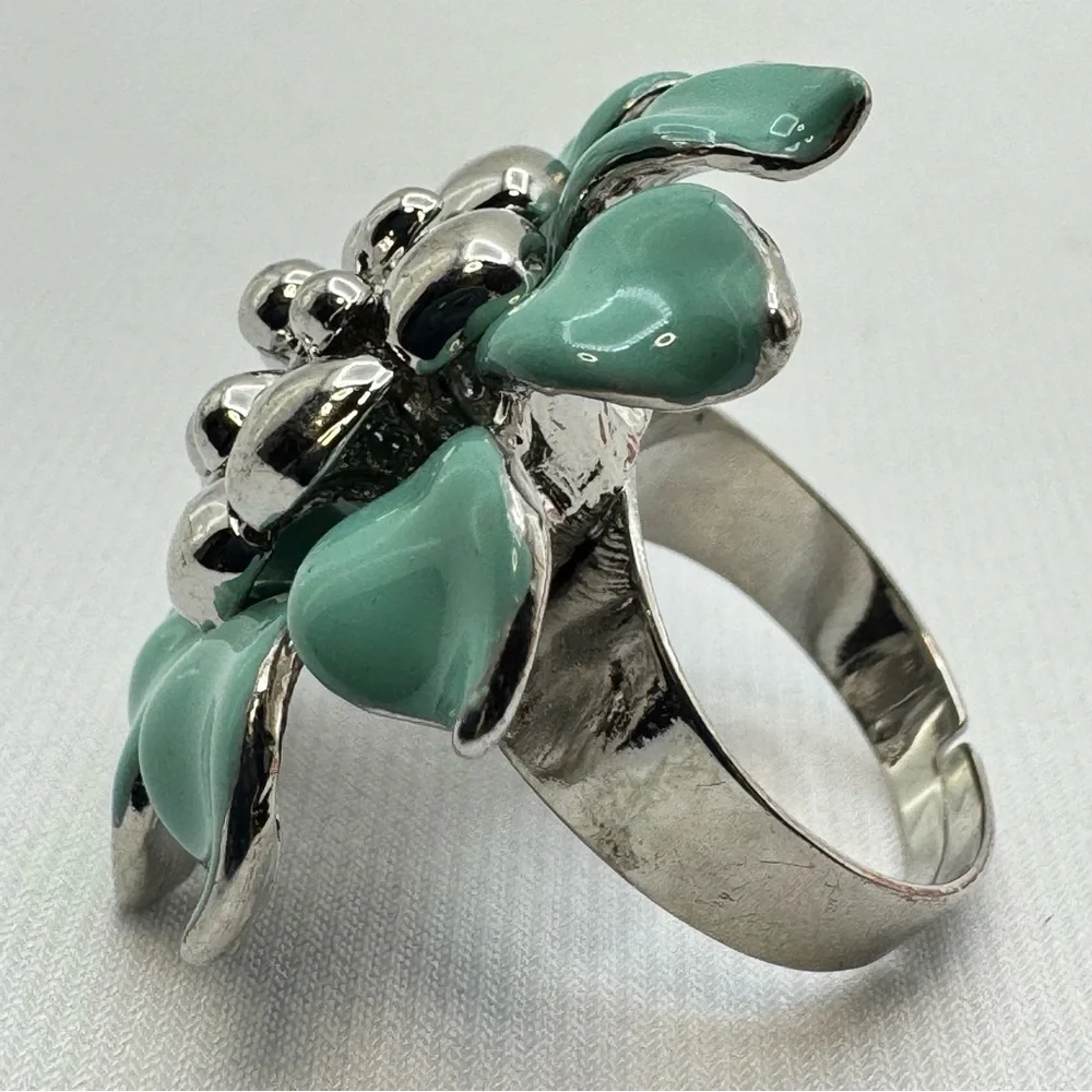 Turquoise Enamel Flower Ring Silver Tone Adjustable Statement